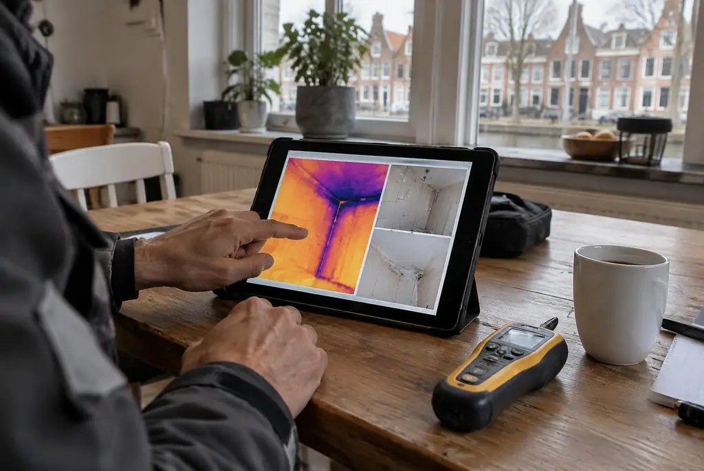 Lekdetectie Bunnik – lekdetectierapport met warmtebeelden en foto's op een tablet