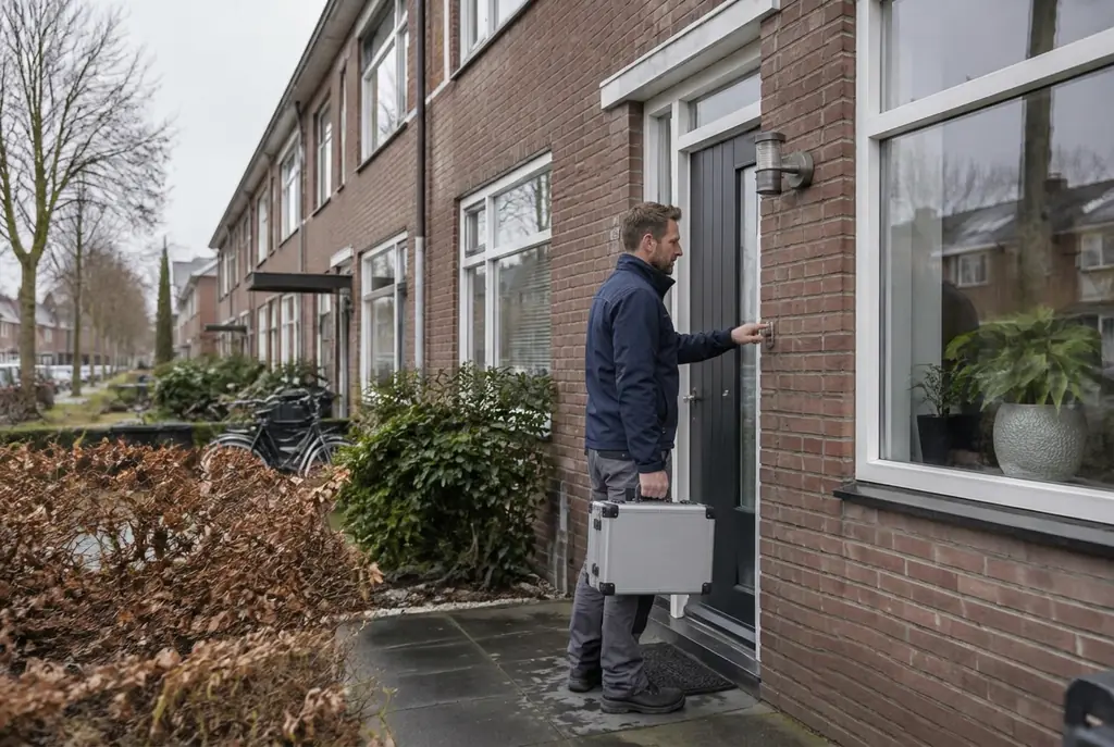 Lekdetectiespecialist met meetkoffer bij de voordeur van een woning in Bunnik